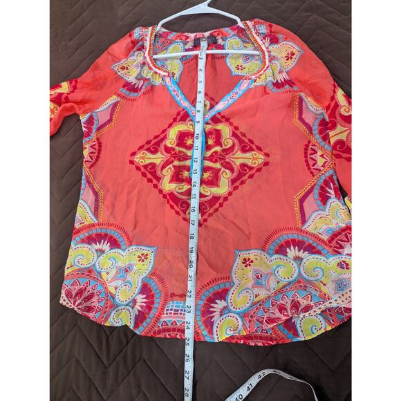 Hale Bob 100% silk and beaded neon mandala style print top w/roll tab sleeve top - Picture 8 of 10